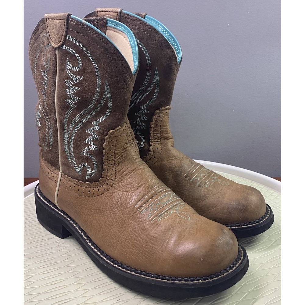 Ariat Fatbaby Women Western Leather Pull On Brown & Teal Cowboy Boots 10B